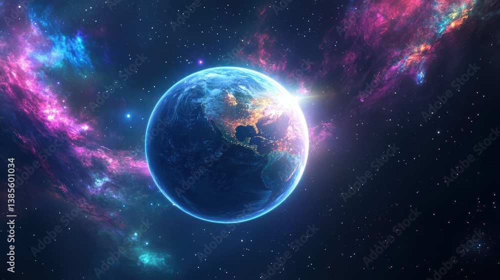 Fototapeta premium Stunning View of Earth Surrounded by Colorful Cosmic Nebula and Stars in Deep Space Capturing the Beauty of the Universe and Our Planet's Place in it