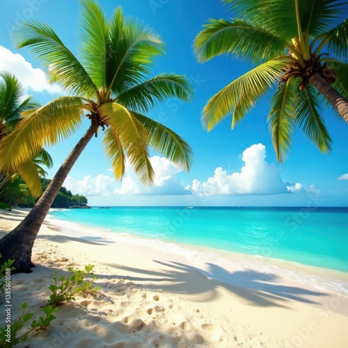 Warm sandy beach with swaying palm trees and turquoise ocean waves, ocean waves, ocean views