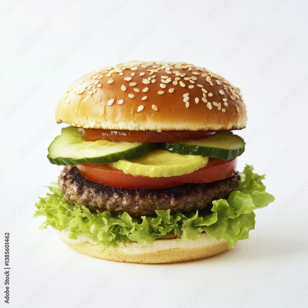 A crispy veggie burger with lettuce, tomato, and avocado. Featuring health and flavor A crispy veggie burger with lettuce, tomato, and avocado. Featuring health and flavor