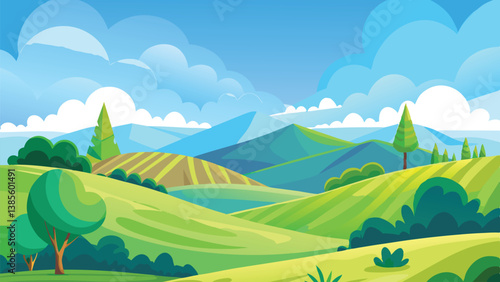 Desert landscape, vast sand dunes, golden sunset, orange sky, large sun, mountainous horizon, warm colors, stylized illustration, vector art, minimalist design, tranquil scene, barren wilderness, roll