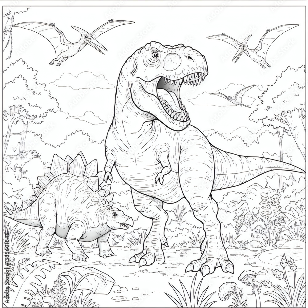 Fototapeta premium Intricate Tyrannosaurus Rex and Stegosaurus Coloring Page Prehistoric Dinosaurs Illustration