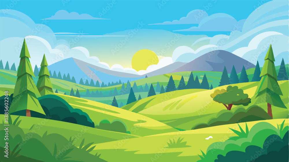 Fototapeta premium Desert landscape, vast sand dunes, golden sunset, orange sky, large sun, mountainous horizon, warm colors, stylized illustration, vector art, minimalist design, tranquil scene, barren wilderness, roll