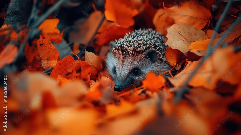 Fototapeta premium Cute hedgehog hiding in autumn leaves.