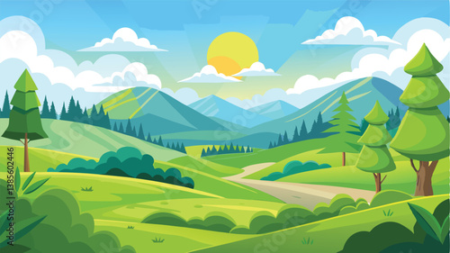 Desert landscape, vast sand dunes, golden sunset, orange sky, large sun, mountainous horizon, warm colors, stylized illustration, vector art, minimalist design, tranquil scene, barren wilderness, roll