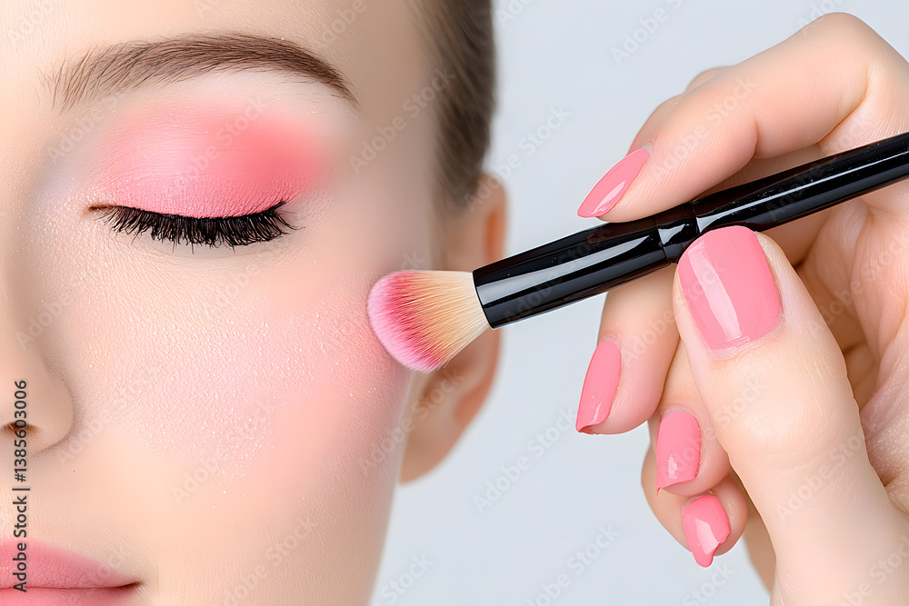 Obraz premium Close-up of a woman's face as a makeup artist applies eyeshadow with a brush