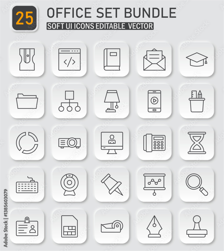 Comprehensive office tools and supplies icons collection for modern business design Comprehensive office tools and supplies icons collection for modern business design