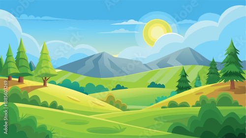 Desert landscape, vast sand dunes, golden sunset, orange sky, large sun, mountainous horizon, warm colors, stylized illustration, vector art, minimalist design, tranquil scene, barren wilderness, roll