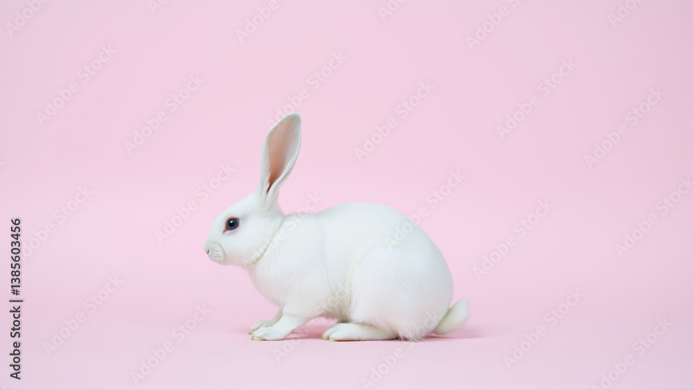 Fototapeta premium Cute white rabbit on isolated pink background