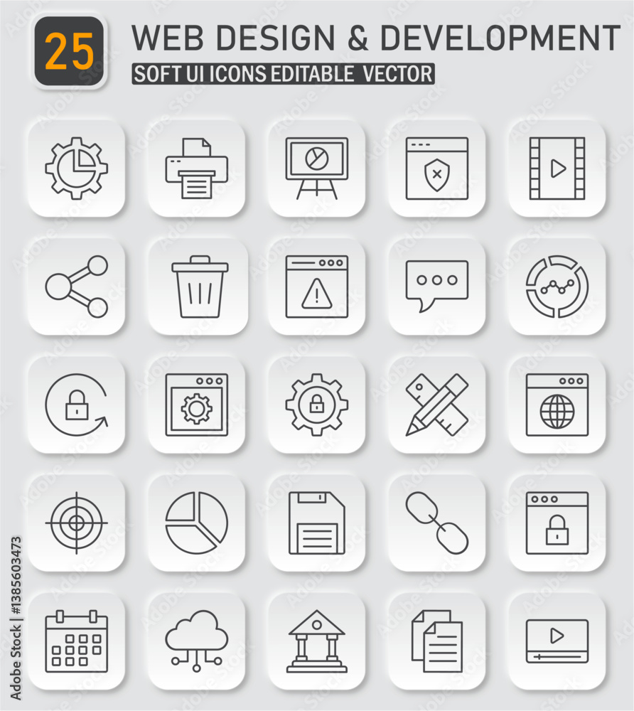 Modern soft UI web design and development vector icon collection for creative projects Modern soft UI web design and development vector icon collection for creative projects