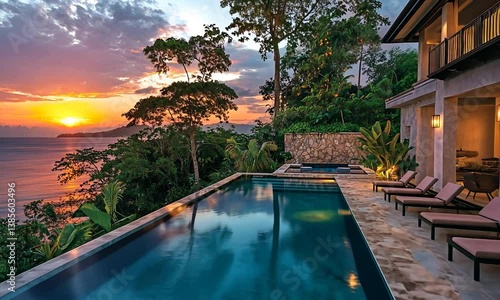 Luxurious villa with infinity pool overlooking a vibrant sunset and lush tropical landscape