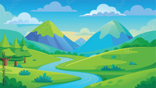 Desert landscape, vast sand dunes, golden sunset, orange sky, large sun, mountainous horizon, warm colors, stylized illustration, vector art, minimalist design, tranquil scene, barren wilderness, roll