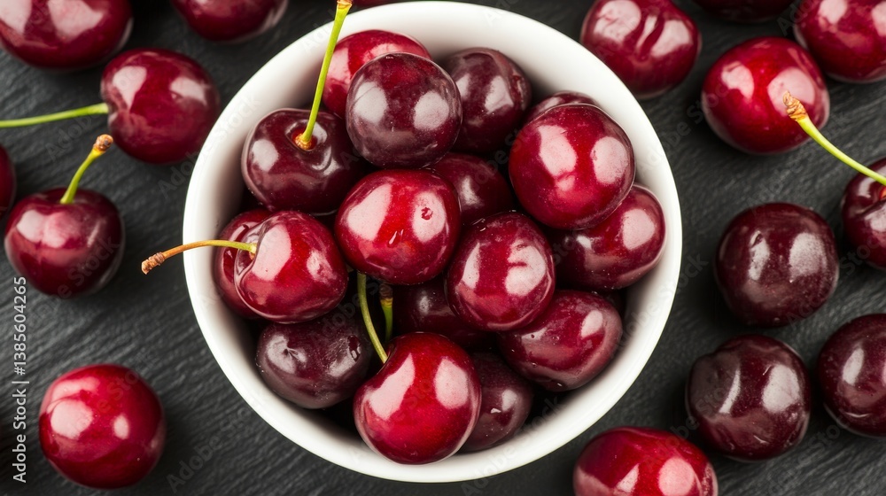 Bowl of dark red cherries on gray tabletop with scattered fresh cherries around, central composition on black background with macro close-up, showing high-end quality and detailed juicy fruit concept. Bowl of dark red cherries on gray tabletop with scattered fresh cherries around, central composition on black background with macro close-up, showing high-end quality and detailed juicy fruit concept.