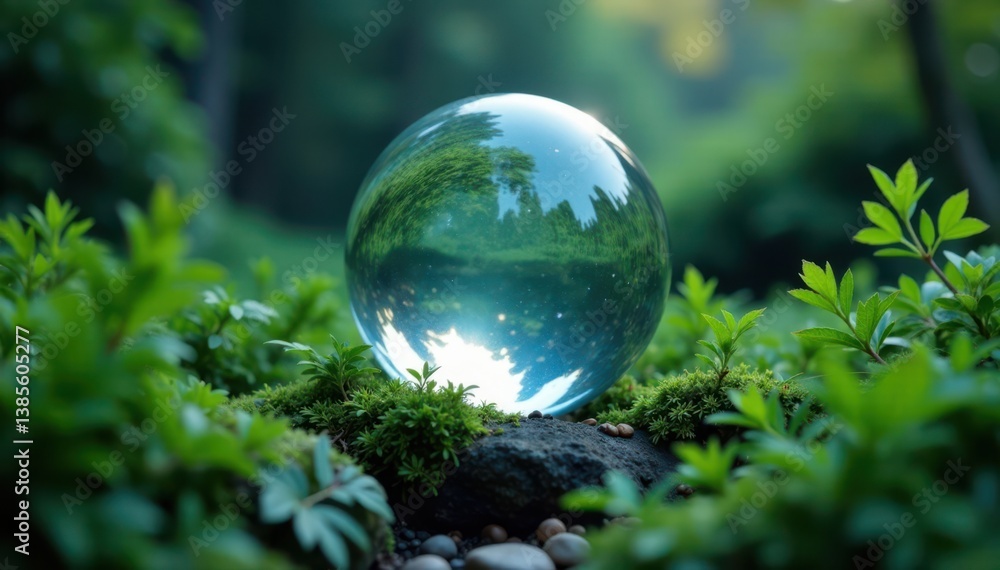 Floating crystal ball surrounded by lush evergreen branches, nature, ornament Floating crystal ball surrounded by lush evergreen branches, nature, ornament