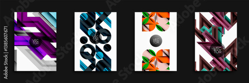 Abstract geometric designs dominate these four images. Vibrant colors, layered shapes, dynamic compositions create modern visuals. Text VEC TOR appears within each design.