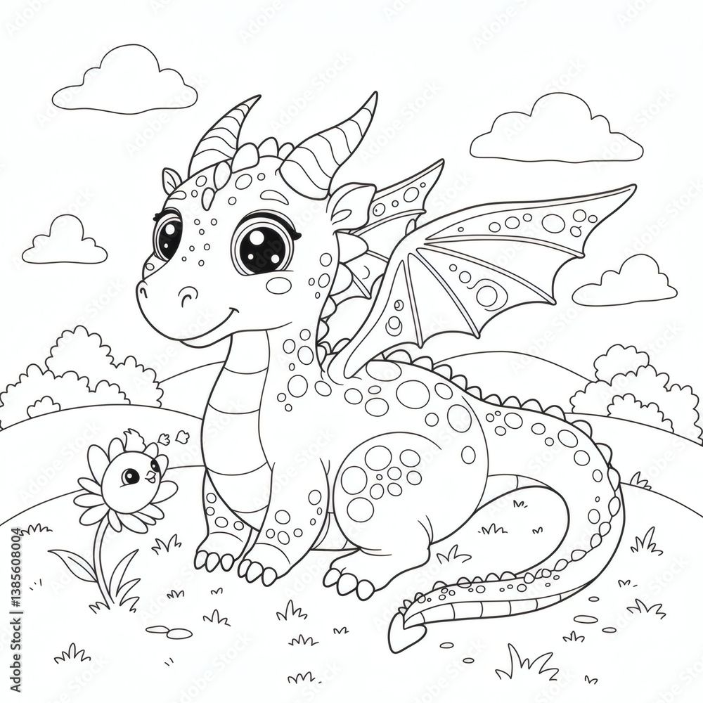 Fototapeta premium Adorable Baby Dragon Coloring Page Fantasy Creature Illustration for Kids