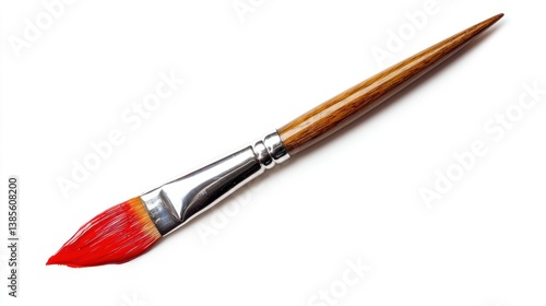 Red paintbrush with wooden handle isolated on white background.
