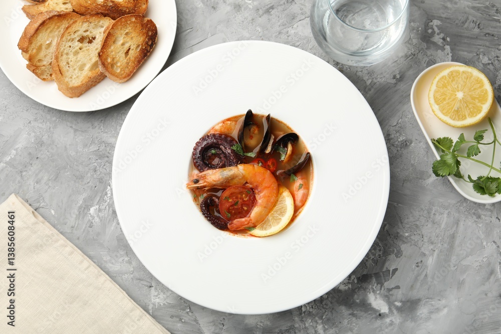 Delicious seafood soup in bowl, pieces of bread, water and lemon on gray textured table, flat lay Delicious seafood soup in bowl, pieces of bread, water and lemon on gray textured table, flat lay