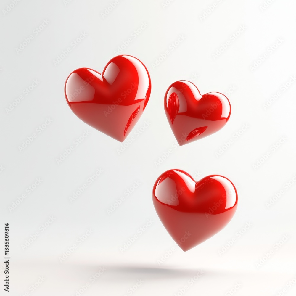 Three glossy red hearts floating on a white background Three glossy red hearts floating on a white background