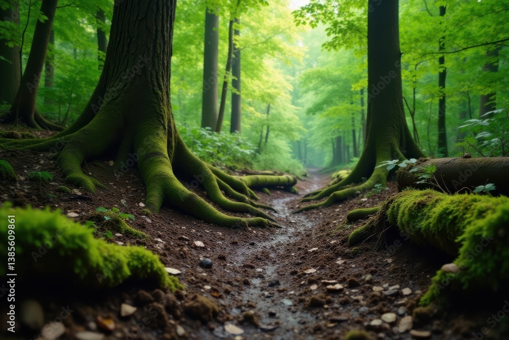 Obraz premium Muddy forest floor with moss-covered tree roots and decaying logs, tangled vegetation, forest decay