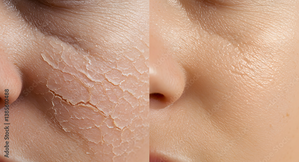 Fototapeta premium Before and After: Dramatic Skin Transformation Showing Dry and Hydrated Facial Skin