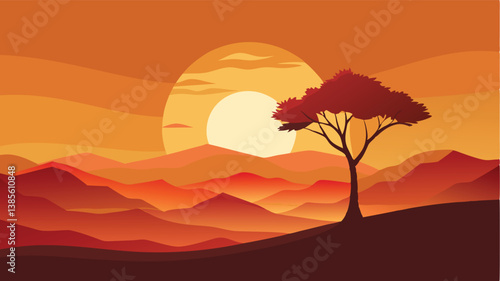 Desert landscape, vast sand dunes, golden sunset, orange sky, large sun, mountainous horizon, warm colors, stylized illustration, vector art, minimalist design, tranquil scene, barren wilderness, roll