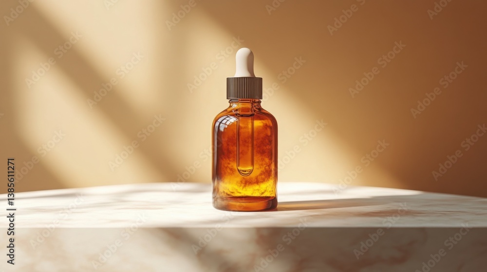 Fototapeta premium Amber Glass Dropper Bottle with Serum on Marble Surface Sunlight Background