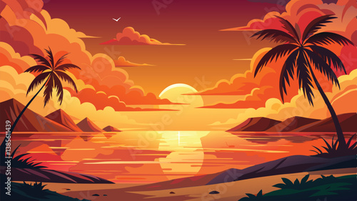 Desert landscape, vast sand dunes, golden sunset, orange sky, large sun, mountainous horizon, warm colors, stylized illustration, vector art, minimalist design, tranquil scene, barren wilderness, roll