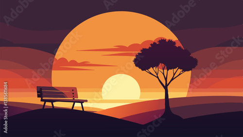 Desert landscape, vast sand dunes, golden sunset, orange sky, large sun, mountainous horizon, warm colors, stylized illustration, vector art, minimalist design, tranquil scene, barren wilderness, roll