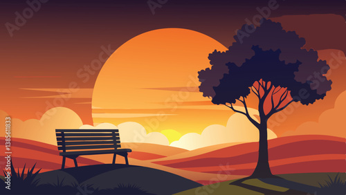 Desert landscape, vast sand dunes, golden sunset, orange sky, large sun, mountainous horizon, warm colors, stylized illustration, vector art, minimalist design, tranquil scene, barren wilderness, roll