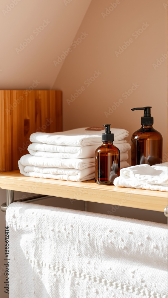 Spa treatment set, wooden shelf with neatly folded towels and dispensers for soap, cream, massage oil Spa treatment set, wooden shelf with neatly folded towels and dispensers for soap, cream, massage oil