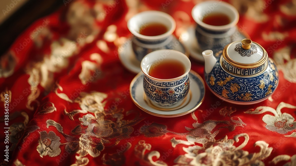 Teacups and Teapot on Red Cloth Teacups and Teapot on Red Cloth