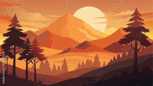 Desert landscape, vast sand dunes, golden sunset, orange sky, large sun, mountainous horizon, warm colors, stylized illustration, vector art, minimalist design, tranquil scene, barren wilderness, roll