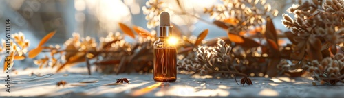 Wallpaper Mural A warm, inviting setting showcasing a glass essential oil bottle surrounded by dried flowers, bathed in soft, golden sunlight for a tranquil vibe. Torontodigital.ca