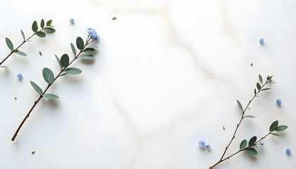 A minimalistic background with scattered eucalyptus branches and tiny wildflowers over a light cream surface