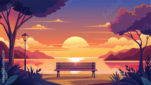 Desert landscape, vast sand dunes, golden sunset, orange sky, large sun, mountainous horizon, warm colors, stylized illustration, vector art, minimalist design, tranquil scene, barren wilderness, roll
