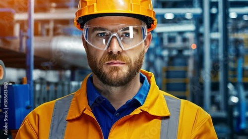 Confident Engineer in an Industrial Setting: A focused engineer, donning protective gear, stands resolute against the backdrop of an industrial environment, symbolizing precision and expertise.