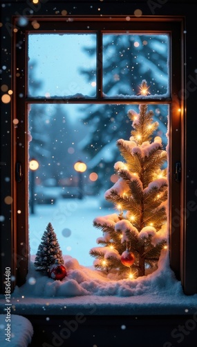 Snowy window with Christmas decorations and frosted glass, frosty windowpane, frosted glass