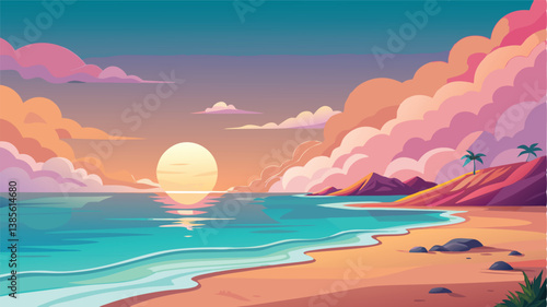 Desert landscape, vast sand dunes, golden sunset, orange sky, large sun, mountainous horizon, warm colors, stylized illustration, vector art, minimalist design, tranquil scene, barren wilderness, roll