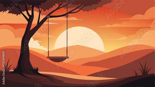 Desert landscape, vast sand dunes, golden sunset, orange sky, large sun, mountainous horizon, warm colors, stylized illustration, vector art, minimalist design, tranquil scene, barren wilderness, roll