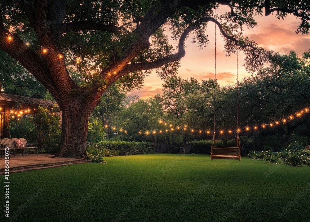 the backyard of an upscale house in West Texas at sunset, with string lights strung between trees and colorful flowers on either side of the front porch