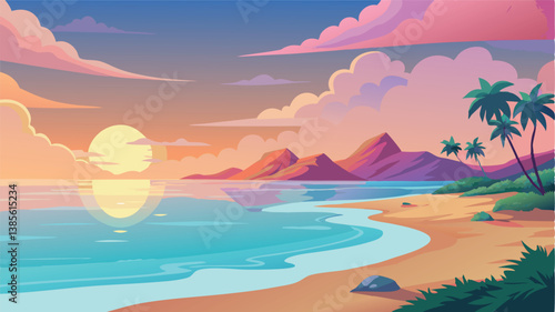 Desert landscape, vast sand dunes, golden sunset, orange sky, large sun, mountainous horizon, warm colors, stylized illustration, vector art, minimalist design, tranquil scene, barren wilderness, roll