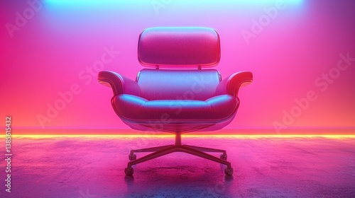 Plush armchair glows in pink and blue hues, spotlighted on polished concrete