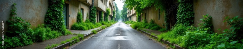 Muted urban landscape with worn pavement and overgrown vegetation, dirt roads, industrial waste, grey concrete Muted urban landscape with worn pavement and overgrown vegetation, dirt roads, industrial waste, grey concrete
