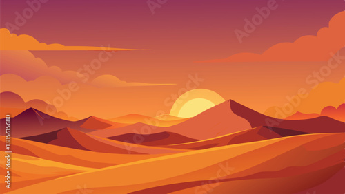 Desert landscape, vast sand dunes, golden sunset, orange sky, large sun, mountainous horizon, warm colors, stylized illustration, vector art, minimalist design, tranquil scene, barren wilderness, roll