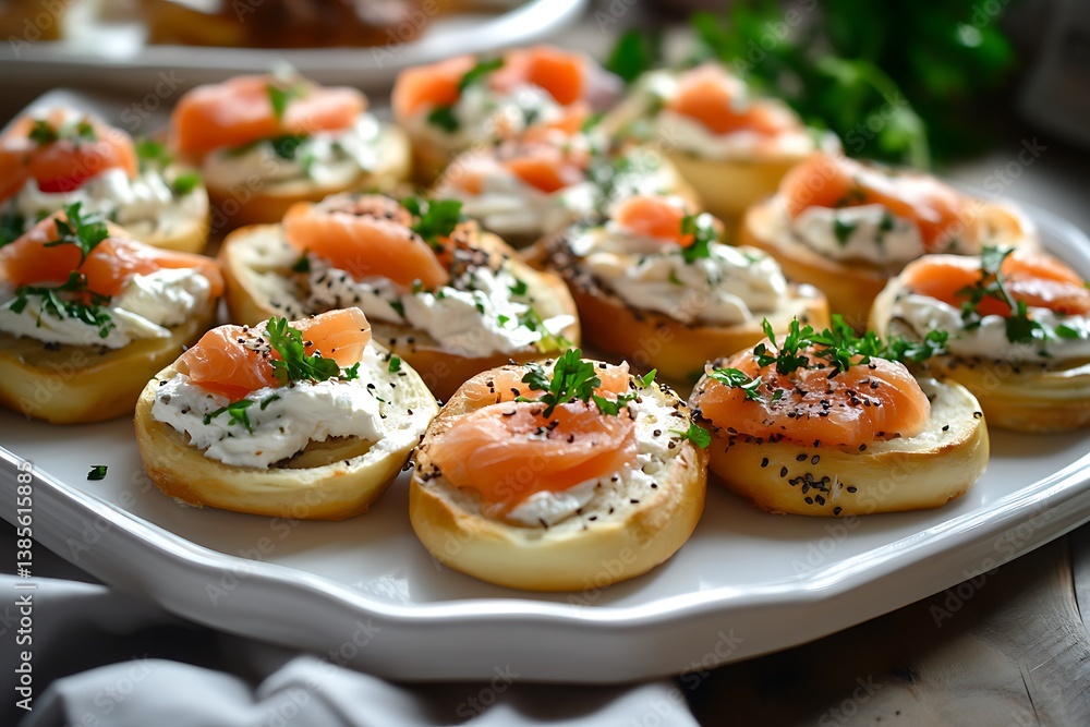 Assorted bagels on a platter, topped with cream cheese and salmon. Assorted bagels on a platter, topped with cream cheese and salmon.