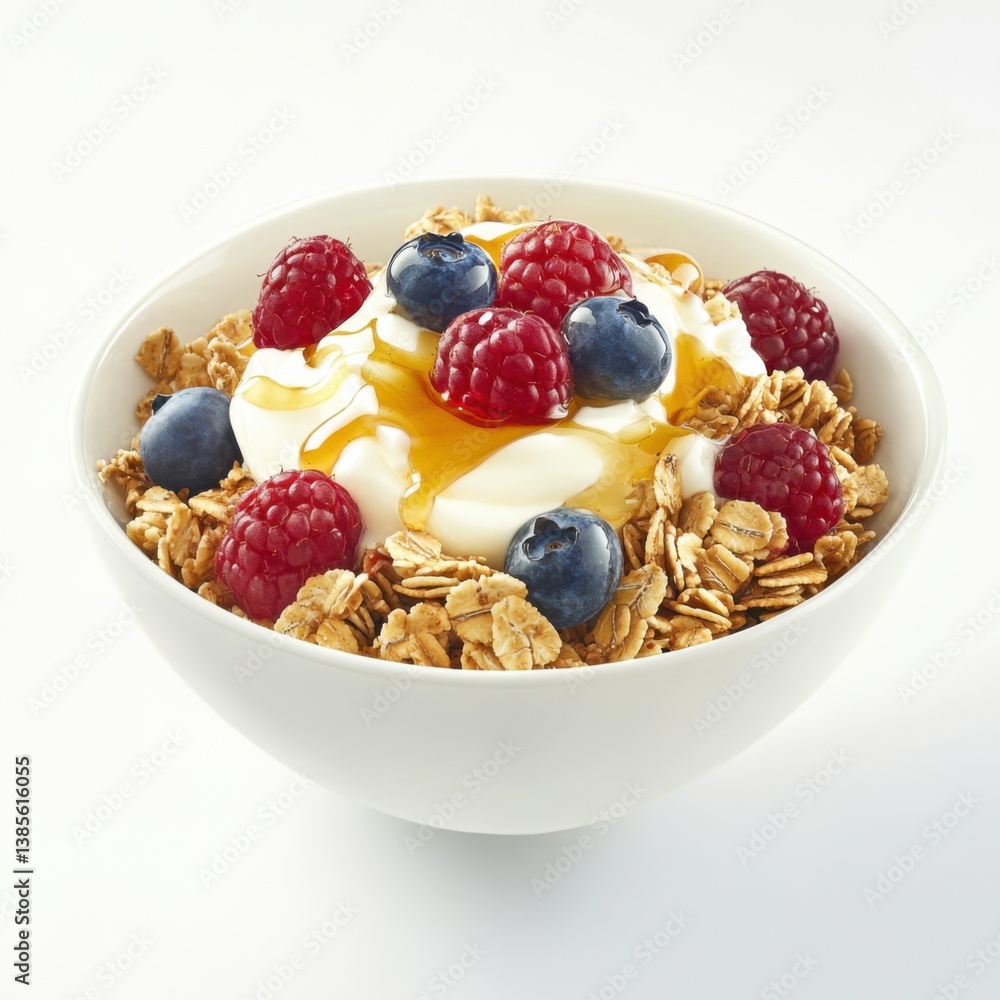 A delicious bowl of granola topped with yogurt, honey, and berries. Featuring a healthy breakfast A delicious bowl of granola topped with yogurt, honey, and berries. Featuring a healthy breakfast