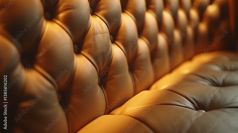 Obraz premium Elegant leather sofa with tufted design, showcasing rich texture and warm lighting, perfect for adding a sophisticated touch to any modern living space.