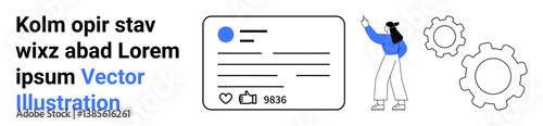 Profile card with thumbs ups and comments, user pointing at elements, gears representing settings. Ideal for technology, social media, user interface, customization, connectivity, content creation