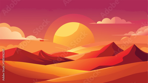 Desert landscape, vast sand dunes, golden sunset, orange sky, large sun, mountainous horizon, warm colors, stylized illustration, vector art, minimalist design, tranquil scene, barren wilderness, roll
