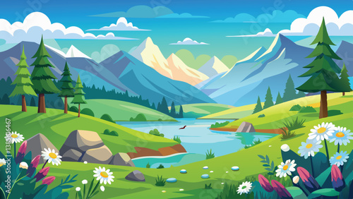 Desert landscape, vast sand dunes, golden sunset, orange sky, large sun, mountainous horizon, warm colors, stylized illustration, vector art, minimalist design, tranquil scene, barren wilderness, roll